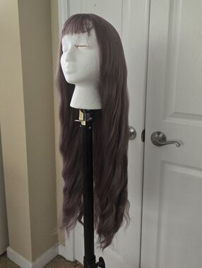 Long Wavy Wig with Bangs - Dusty Lavender Or Ube Purple